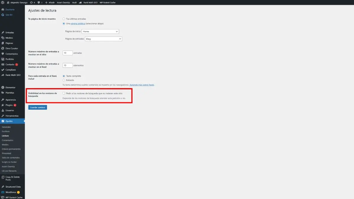 Pestaña visibilidad en motores de búsqueda wordpress
